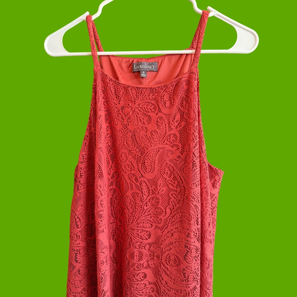 Luxology Rust Red Paisley Lace Handkerchief Hem Sleeveless Dress Womens Size 16 - Picture 3 of 5